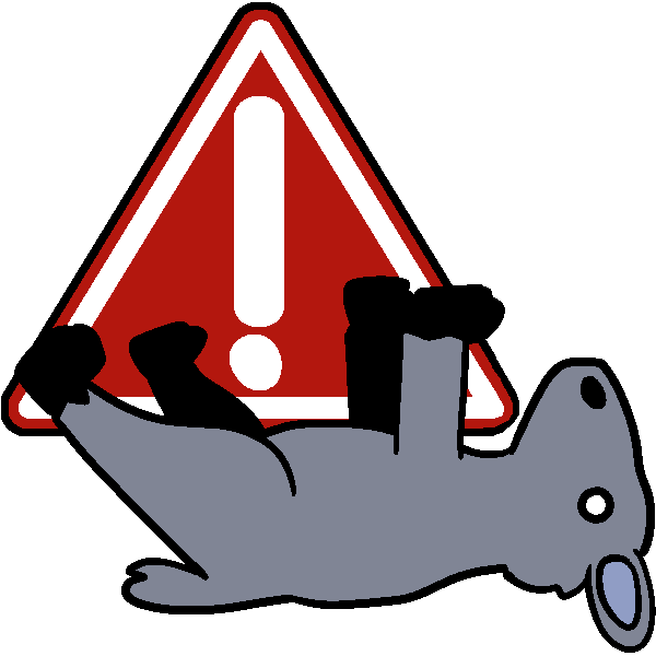  A big red and white hazard triangle with a fainted gray goat, belly up, in front of it. 